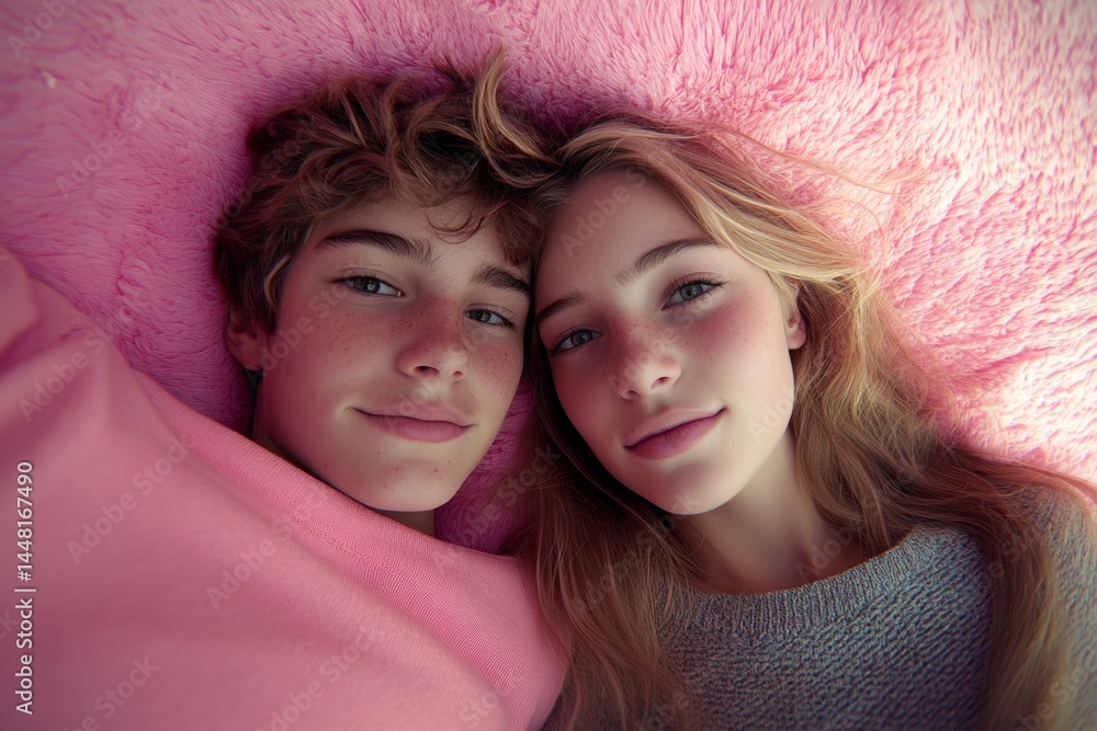 Commercial ad campaign visual idea. Sign of love and affection. Valentine's day, soulmatescouple: stunning bold image of loving caucasian young person couple. Engagement love. Couple smiling.