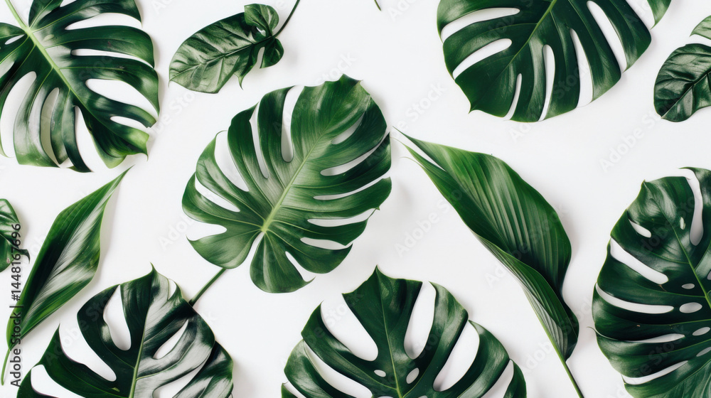 Fototapeta premium Tropical monstera and palm leaves on clean white background flat lay