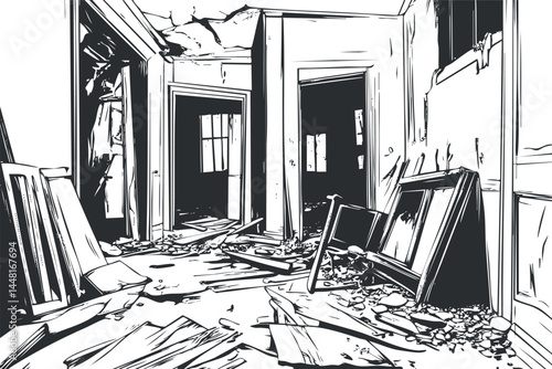 Black and white illustration of an abandoned ruined building interior with broken debris scattered on the floor.