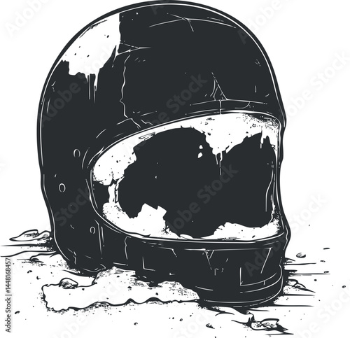 Black and white sketch of a damaged motorcycle helmet with scratches and cracks after a crash