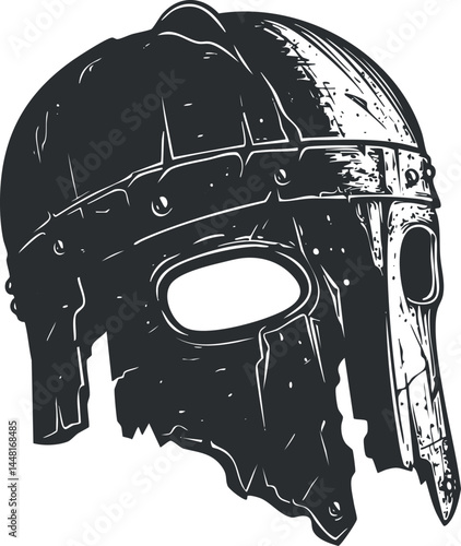 Black and white illustration of a medieval viking helmet with metal rivets and face guard detail