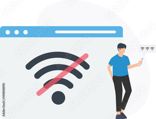 Young man having Wi-Fi problems with his smartphone and internet browser, struggling with weak or intermittent internet connection, trying to troubleshoot connectivity issues, refreshing web pages 