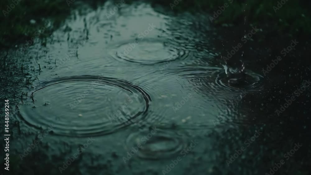 Close up view of raindrops falling into a puddle creating ripples on the surface of the water and wet grass surrounding it. Close up view of raindrops falling into a puddle creating ripples on the surface of the water and wet grass surrounding it.