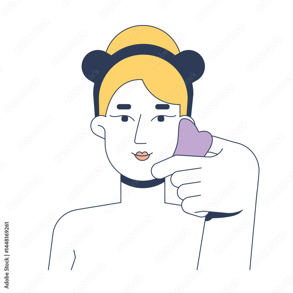 Fototapeta premium Blonde woman massaging face with gua sha tool 2D vector illustration. Facial blood circulation. Natural lift. Caucasian white female flat character isolated on white background. Colorful cartoon image
