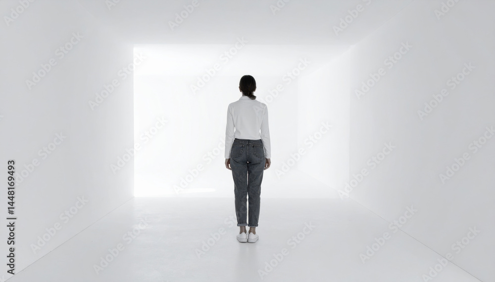 Person Standing in Minimalist White Room with Natural Light Source Person Standing in Minimalist White Room with Natural Light Source