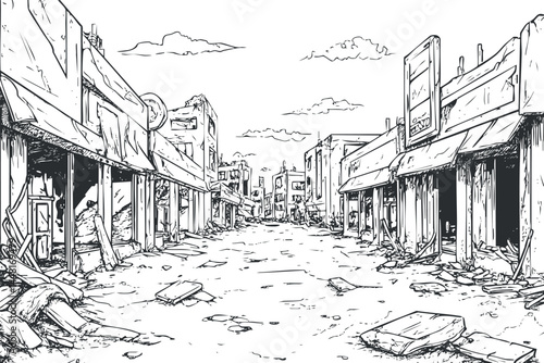 Black and white sketch of an abandoned destroyed urban street with ruined buildings and debris scattered around.