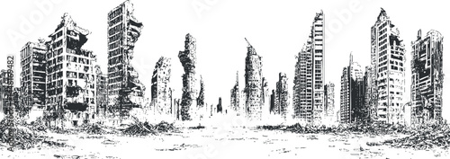 Black and white illustration of a postapocalyptic ruined city skyline with destroyed skyscrapers and urban devastation