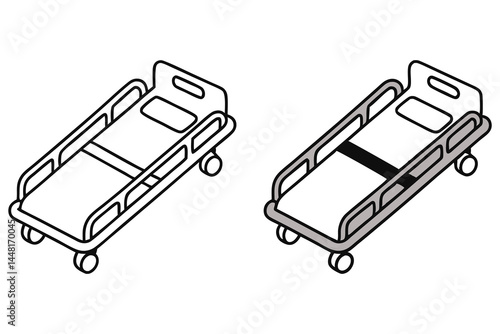 Two isometric hospital stretchers each feature wheels, mattresses, side rails, and distinct outline styles