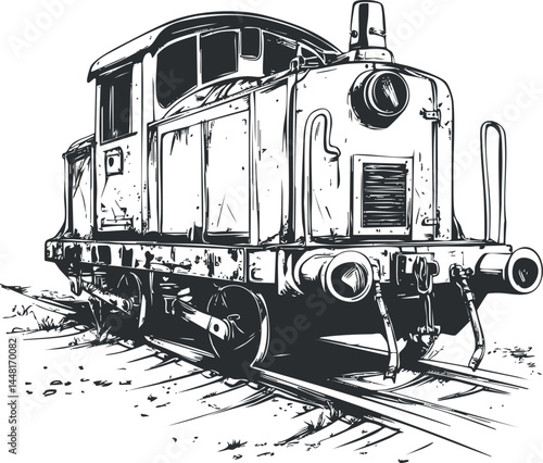 Black and white sketch illustration of an old locomotive train engine on railway tracks for transportation and travel themes