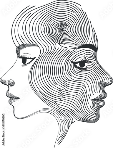 Abstract black and white line art illustration of two female faces in opposite profile directions creating a dual portrait