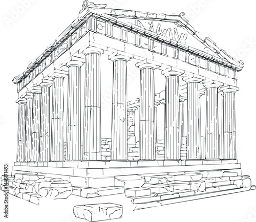 Hand-drawn sketch of an ancient Greek temple with classical columns and stone ruins surrounding it