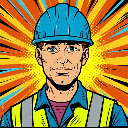 Construction Worker: A confident construction worker with a blue hardhat and a reflective vest, standing with a determined expression against a vibrant pop art background.