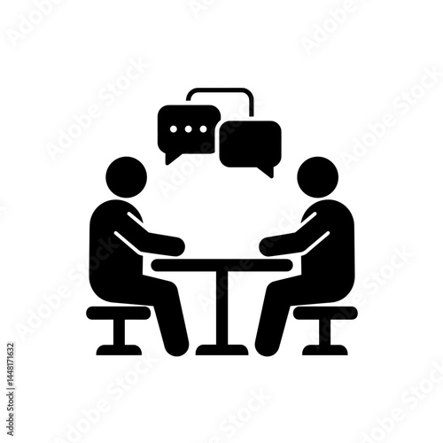 Dialogue Icon: The image presents a conceptual depiction of a conversation. Two figures are seated opposite each other at a table.