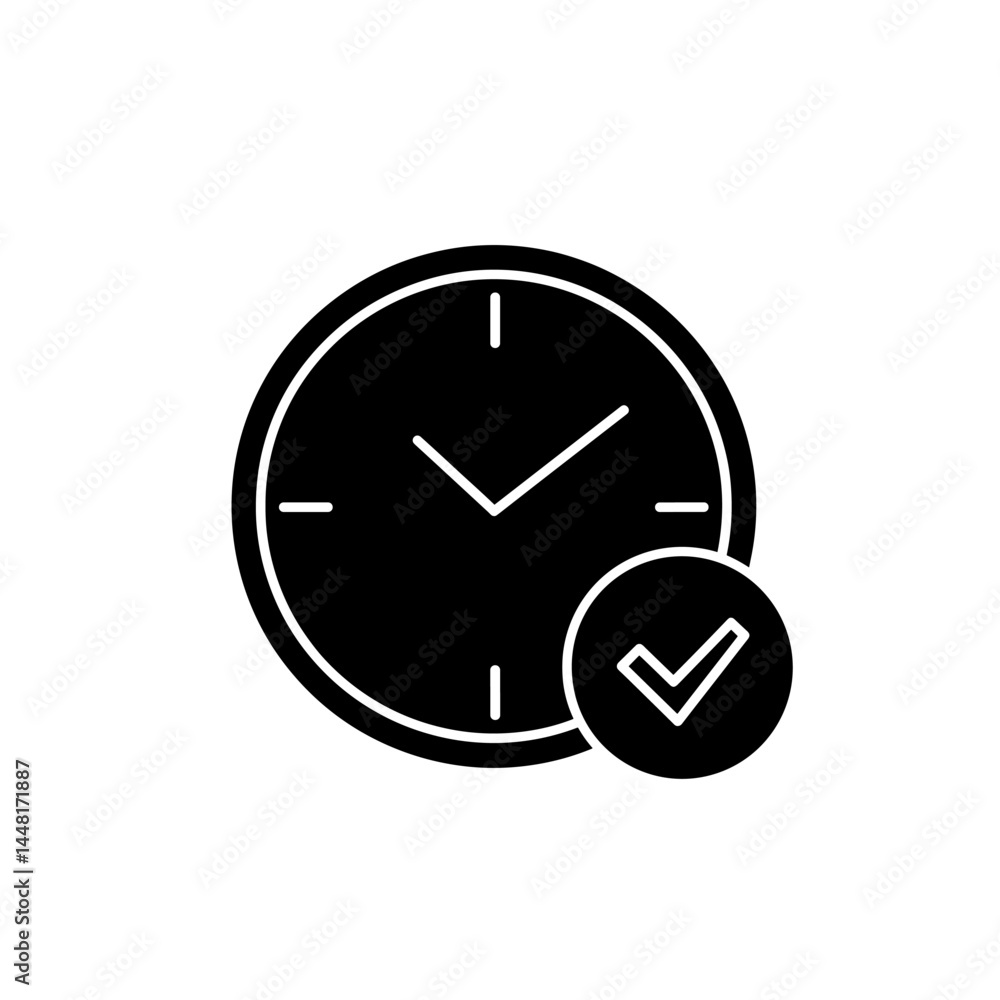 Clock Check Mark Icon: Simple clock icon with check mark, symbolizing punctuality, efficiency, and task completion. Perfect for time management, scheduling, and productivity-related projects. Clock Check Mark Icon: Simple clock icon with check mark, symbolizing punctuality, efficiency, and task completion. Perfect for time management, scheduling, and productivity-related projects.
