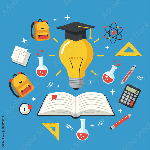 Bright Education: An enlightening illustration presents an open book beneath a radiant light bulb, adorned with academic symbols like a graduation cap, atom structure, and a backpack.