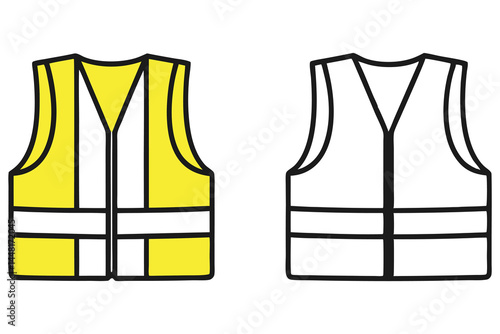Yellow reflective safety vest with block pattern sits beside an outlined safety vest
