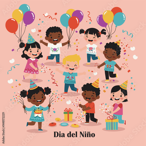 Dia del Niño Celebration: Children of diverse backgrounds come together in a joyful celebration of Dia del Niño, filled with colorful balloons, confetti, presents, and party hats.