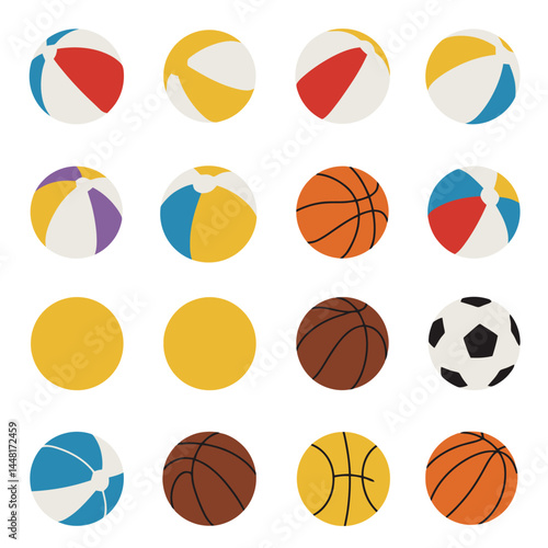 Vibrant collection of various types of balls including beach, basketball, and soccer balls, ideal for sports or recreation themes.

