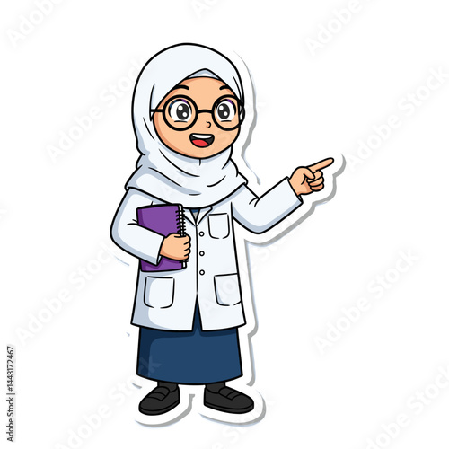 Illustration of a female scientist: An illustrated female scientist points to the right while holding a book, symbolizing knowledge and learning. The scientist wears a white lab coat and a headscarf.