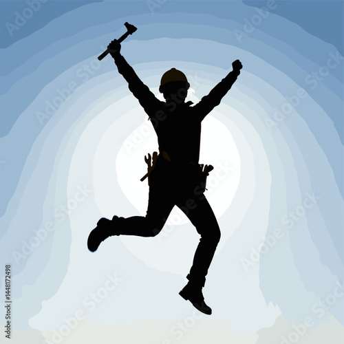 Construction Silhouette: A triumphant construction worker celebrates success, silhouetted against a dynamic sky, exuding the raw energy of accomplishment.