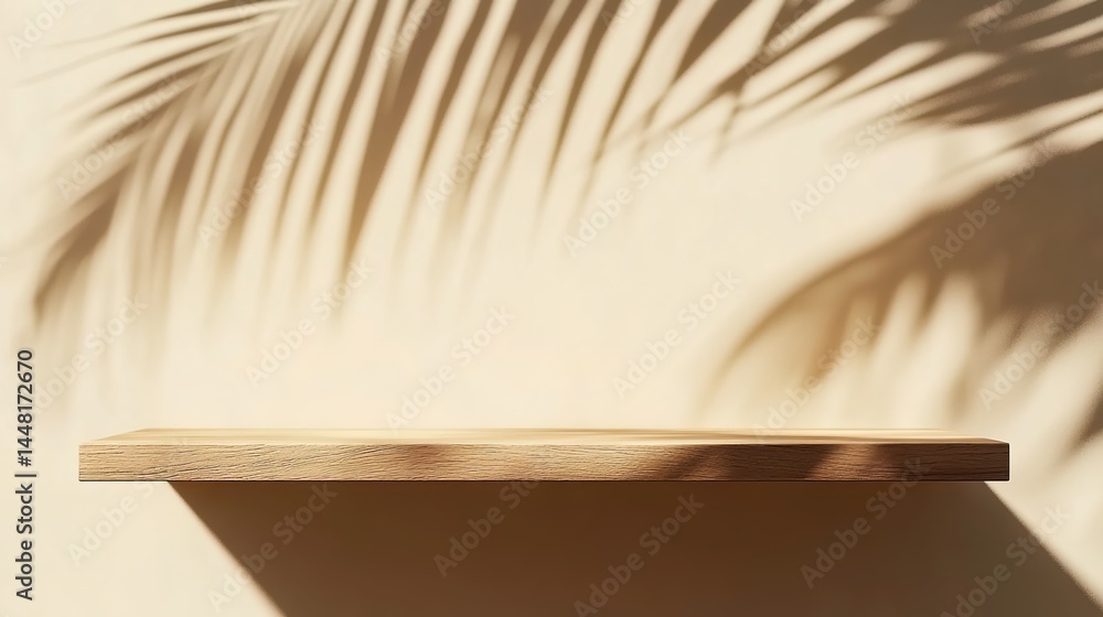 Wooden shelf on light-colored wall with palm leaf shadows. Wooden shelf on light-colored wall with palm leaf shadows.