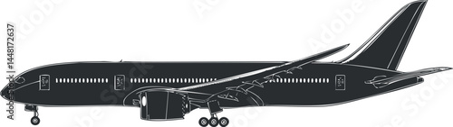 Side view illustration of a commercial airplane jet in black and white for aviation and travel themes