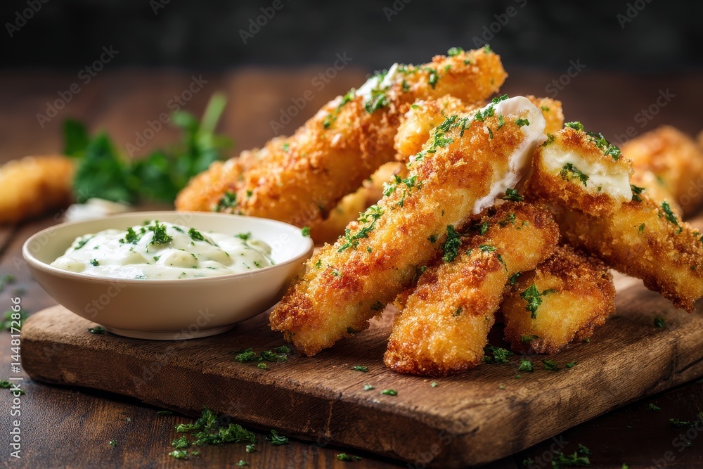 Stack of golden fish sticks with garlic sauce on a dark wooden cutting board Stack of golden fish sticks with garlic sauce on a dark wooden cutting board
