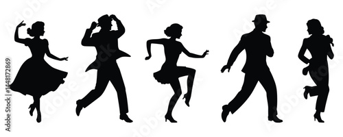 Line of legs dancing the Charleston silhouette. Retro dance silhouettes of swing dancers in vintage style isolated on a white background.