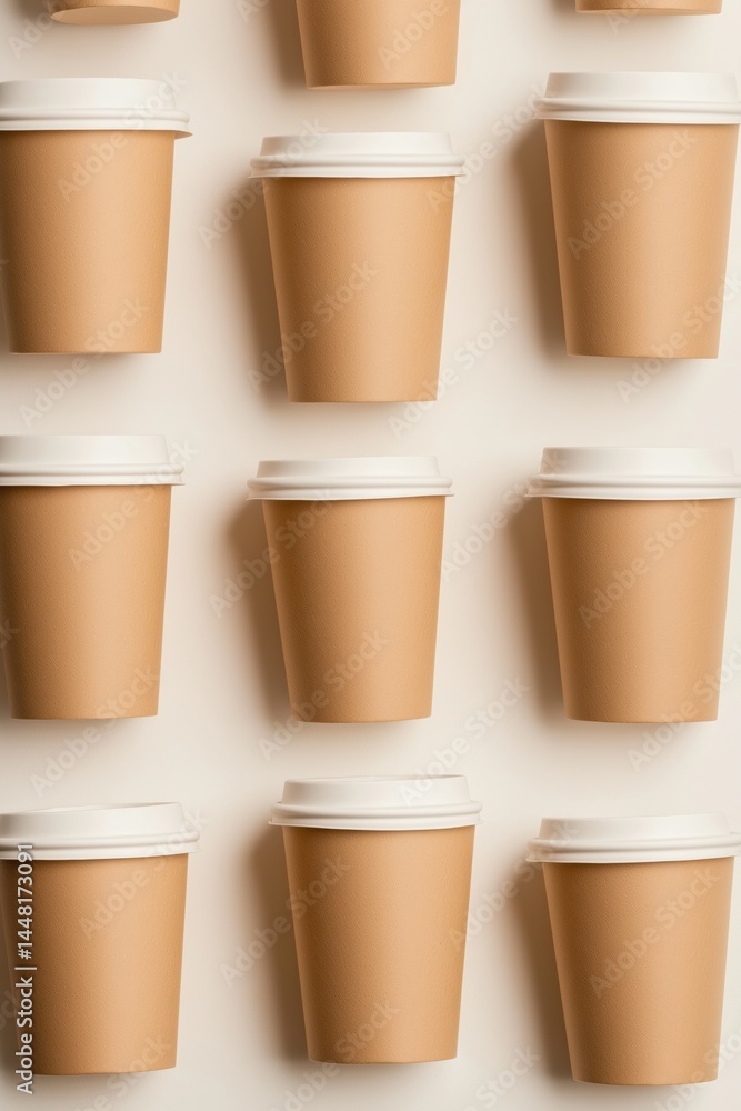A row of coffee cups are lined up on a white background. The cups are brown and white, and they are all the same size. Concept of uniformity and order, as the cups are neatly arranged in a row A row of coffee cups are lined up on a white background. The cups are brown and white, and they are all the same size. Concept of uniformity and order, as the cups are neatly arranged in a row