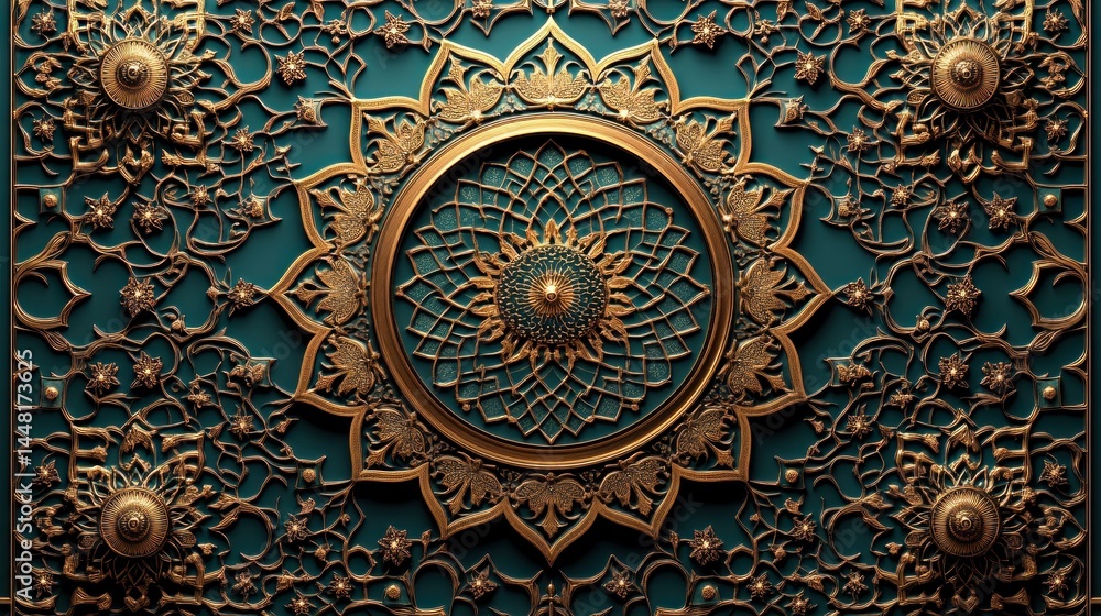 Intricate gold mandala design on teal background. Intricate gold mandala design on teal background.