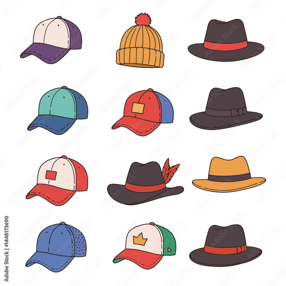 An assortment of illustrated caps and hats in various colors and styles, arranged neatly.
An assortment of illustrated caps and hats in various colors and styles, arranged neatly.