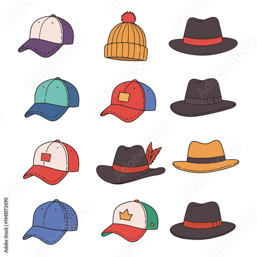 An assortment of illustrated caps and hats in various colors and styles, arranged neatly.

