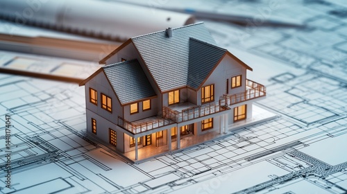 A miniature model of a house with a roof and windows, placed on top of architectural blueprints with a cityscape in the background.