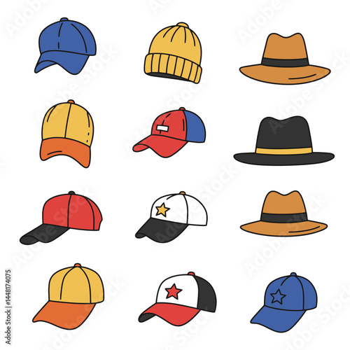 An assortment of illustrated caps and hats in various colors and styles, arranged neatly.

