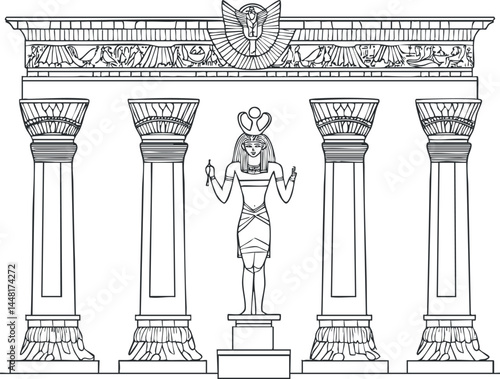 Black and white line art of an ancient Egyptian statue of a goddess surrounded by decorated columns in a temple architectural style