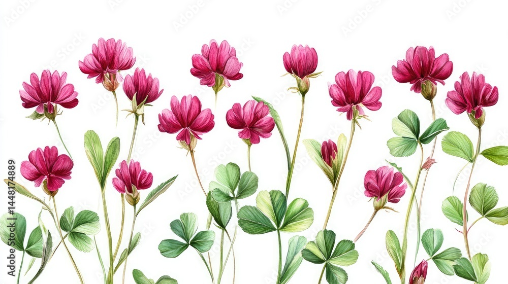 High-resolution set of red clover flowers with detailed petals and foliage, white background High-resolution set of red clover flowers with detailed petals and foliage, white background