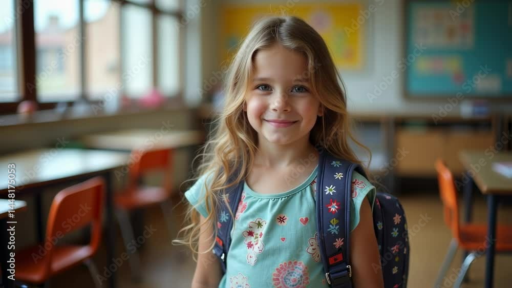 Elementary Student with Backpack in Classroom Setting Elementary Student with Backpack in Classroom Setting