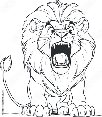 Black and white line art illustration of a roaring lion with fierce expression and detailed mane