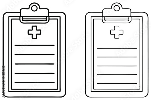 Two medical clipboards show plus signs and lined paper in monochrome style