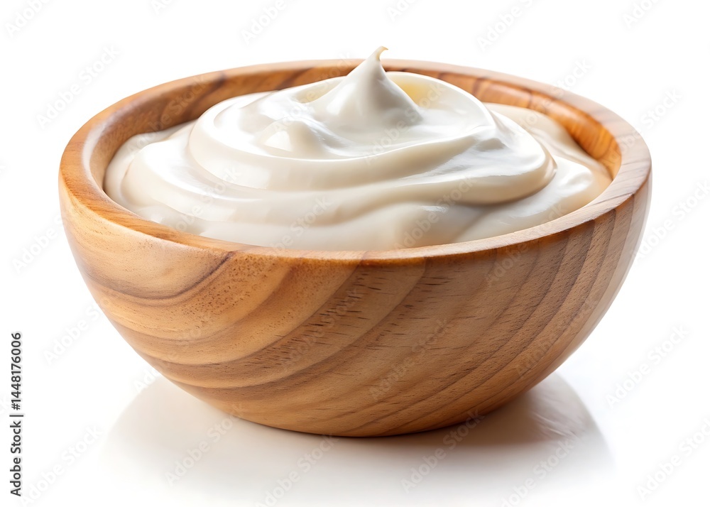 Sour cream or yogurt in wooden bowl isolated on white background Sour cream or yogurt in wooden bowl isolated on white background