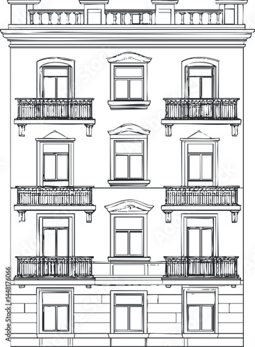 Black and white line drawing of a building facade with multiple balconies and windows in an urban residential setting.