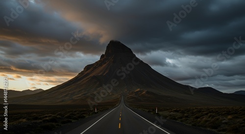 Road leading to mountain under dramatic cloudy sky