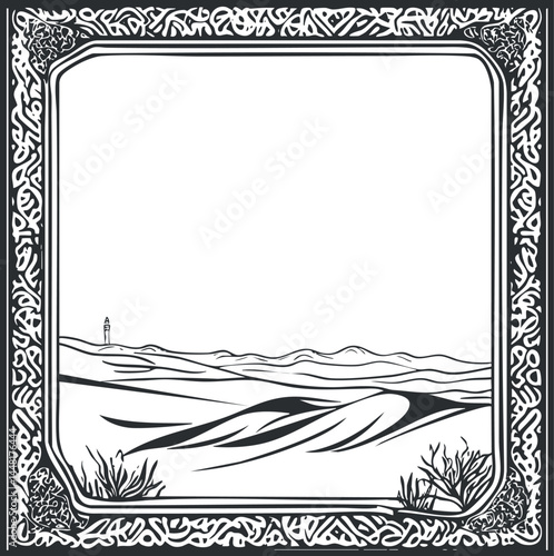 Black and white illustration of a desert landscape with sand dunes and a decorative ornate border frame