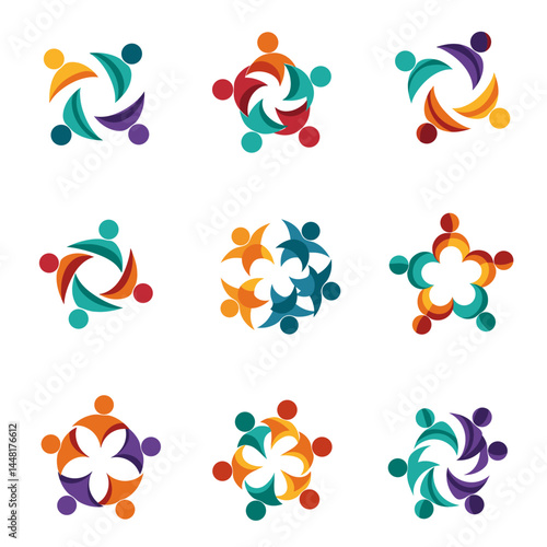 Teamwork and Unity Logos: Abstract logos showcasing diverse groups of people, symbolizing connection, collaboration, and community in various arrangements.