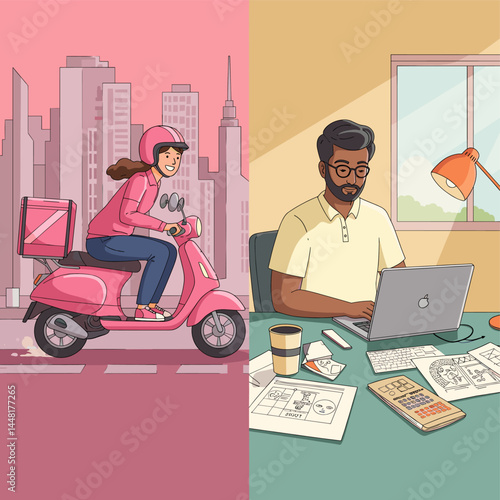 Modern Worklife: A digital illustration captures the contrasting realities of modern work. On one side, a woman zips through the urban landscape on a pink scooter.