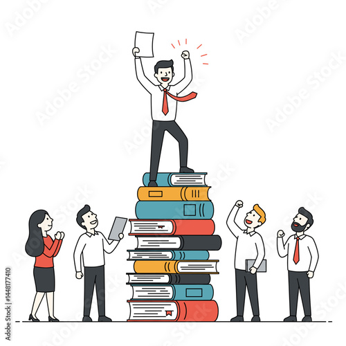 Achieving Academic Zenith: A triumphant individual stands atop a tower of knowledge, cheered on by peers. This image embodies the essence of achievement and celebrates the journey of education.