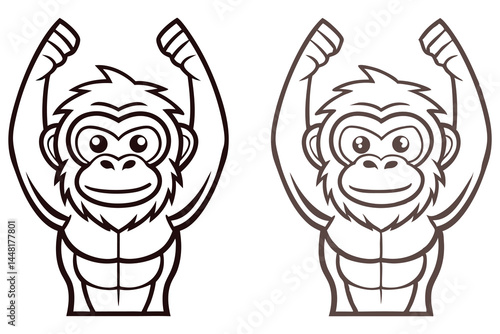 Smiling chimpanzee with a muscular body raises its arms in an outline illustration