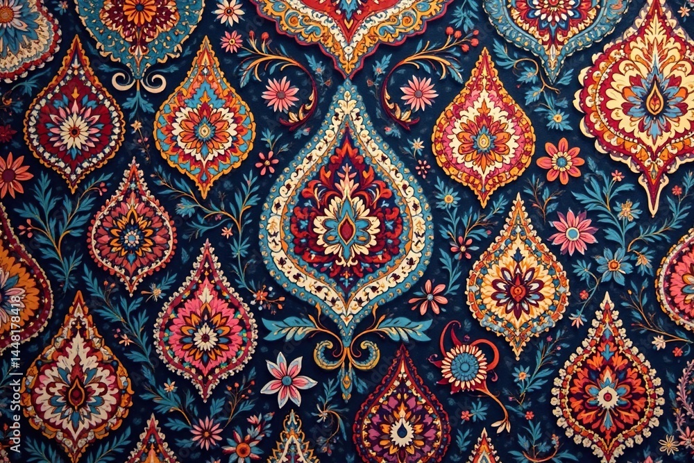Classic teardrop paisley motif, rich color palette, intricate detail, pattern, classic, textile Classic teardrop paisley motif, rich color palette, intricate detail, pattern, classic, textile
