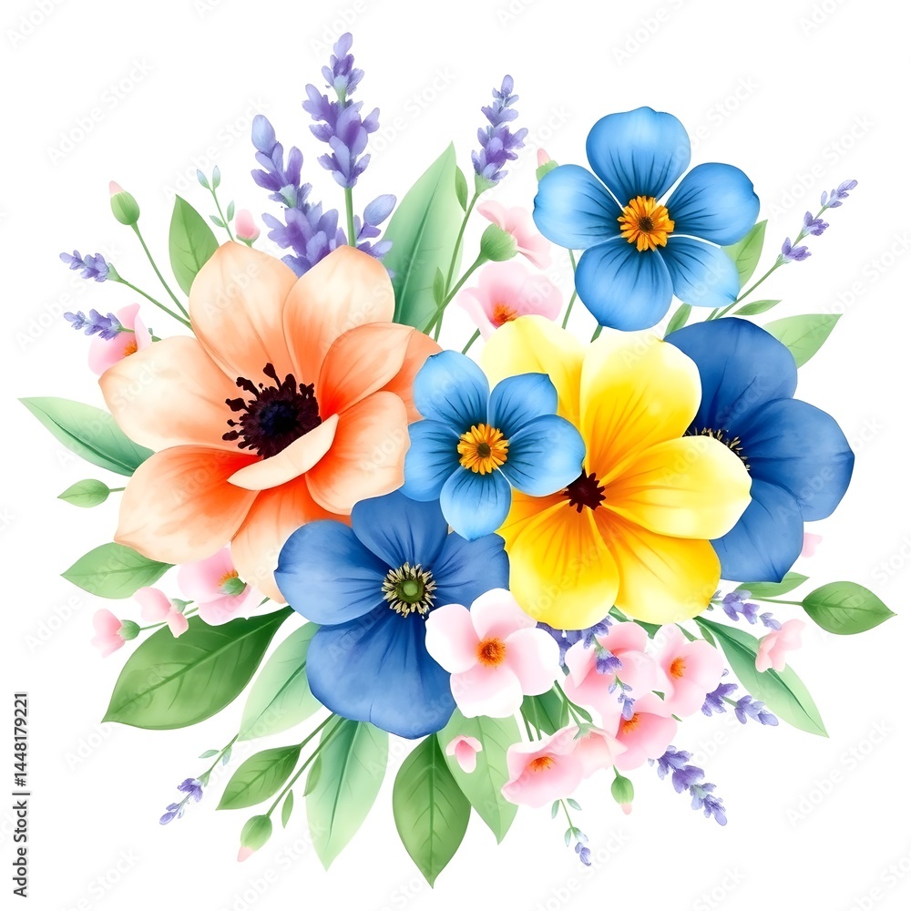 Hand Painted Illustration of Assorted Flowers and Greenery on a White Background Hand Painted Illustration of Assorted Flowers and Greenery on a White Background