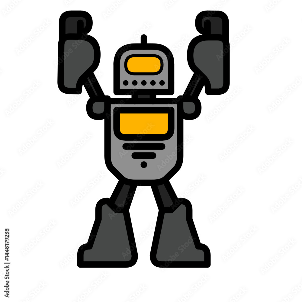 Cartoon Illustration of a Grey Robot with Black Outlines, Yellow Screen and Details on its Head and Body, Arms Raised Above its Head with Clenched Fists, and Sturdy Legs Spread Apart Cartoon Illustration of a Grey Robot with Black Outlines, Yellow Screen and Details on its Head and Body, Arms Raised Above its Head with Clenched Fists, and Sturdy Legs Spread Apart